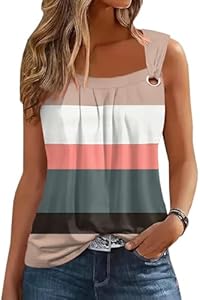 Summer Tank Tops for Women Pleated Square Neck O Ring Shoulder Sleeveless Shirts Casual Loose Fit 2025 Trendy Blouse Saukole