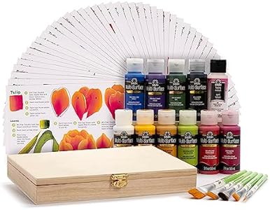 FolkArt One Stroke A to Z of Floral Painting Kit, Including 10 Multi-Surface Paints, 5 Brushes, 50 Full-Color Teaching Guides, Floating Medium, and 1 Wood Storage Box FolkArt