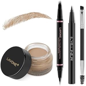 Eyebrow Pencil Makeup Kit, with Waterproof 2-IN-1 Microblading Eyebrow Pen, Eyebrow Pomade, Eyeliner and Dual-ended Eyebrow Brush, Brow Pencil Kit for Natural Eyebrows - Dark Brown Lavone