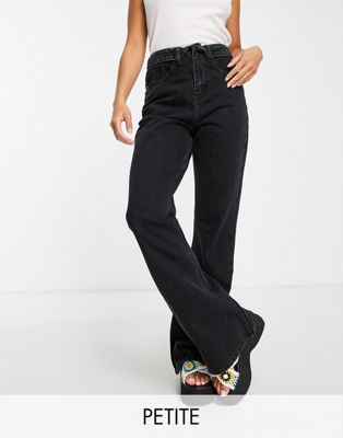 DTT Petite flare leg jeans with folded waist in washed black  Don't Think Twice Petite