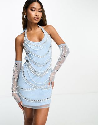 Нежно-голубое мини-платье Starlet с воротником-хомутом и жемчугом и бриллиантами Starlet