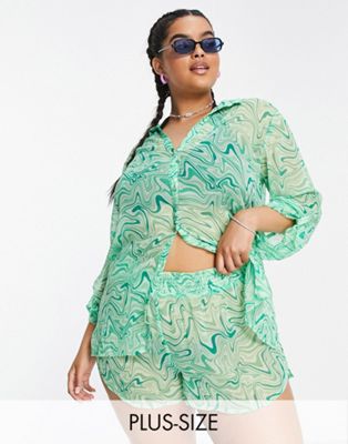 Brave Soul Plus beach shirt and short set in green swirl print Brave Soul Plus