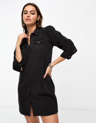 Черное джинсовое мини-платье с пышными рукавами Only ONLY
