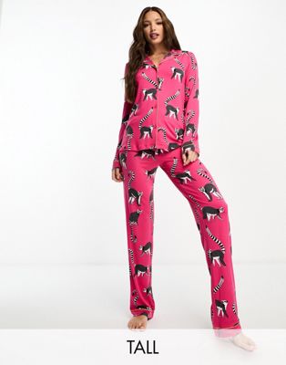 Эксклюзивный ярко-розовый пижамный комплект из топа и брюк на пуговицах с принтом лемуров Chelsea Peers Tall Chelsea Peers