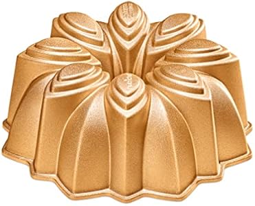 NutriChef 9-Inch Bundt Cake Pan - Heavy Die Cast Aluminum Baking Pan with 2 Layers of Professional Nonstick Coating - Fluted Flow Design for Uniform Baking & Browning, Dishwasher Safe - Gold NutriChef