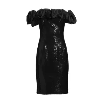 Платье-футляр с открытыми плечами и оборками из пайеток Aidan Mattox