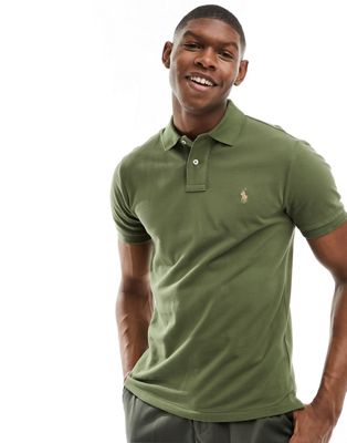 Мужская футболка-поло Polo Ralph Lauren из ткани пике, узкий крой, оливково-зеленая Polo Ralph Lauren