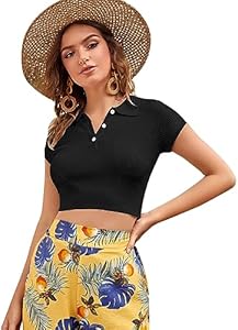 SweatyRocks Women's Collar Half Button Short Sleeve Striped Crop Top T-Shirts SweatyRocks