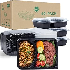 YANGRUI To Go Containers, Reusable 65 Pack 7.8 Inch BPA Free Black Clamshell Food Containers 30 oz Shrink Wrap 3 Compartment Freezer and Microwave Safe MFPP Take Out Containers YANGRUI