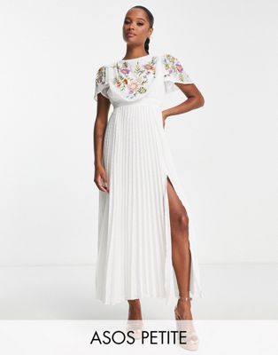 Белое плиссированное фактурное платье миди с вышивкой спереди и поясом ASOS DESIGN Petite ASOS Petite