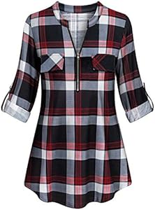 Tanst Sky Womens Casual Long Sleeve Zipped V Neck Plaid Tunic Blouses Tanst Sky