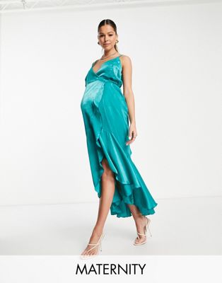 Flounce London Maternity satin wrap front midi dress in emerald green  Flounce London Maternity