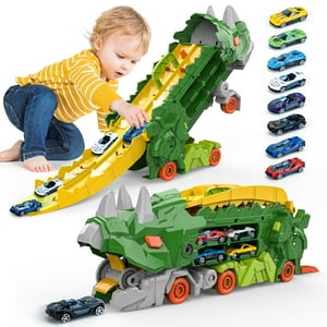 Toddler Dinosaur Truck Toy for 2 Year Old Boy, Toys Cars Set with Race Track Ultimate Transporter Hauler Dinosaur Transporter Truck with 8 Die-Cast Car Toys Gifts for Kids Ages 2 3 4 5 6 Years Old OROLIVING