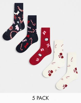Набор из 5 носков с рождественским принтом Monki темно-синего, красного и бежевого цветов Monki