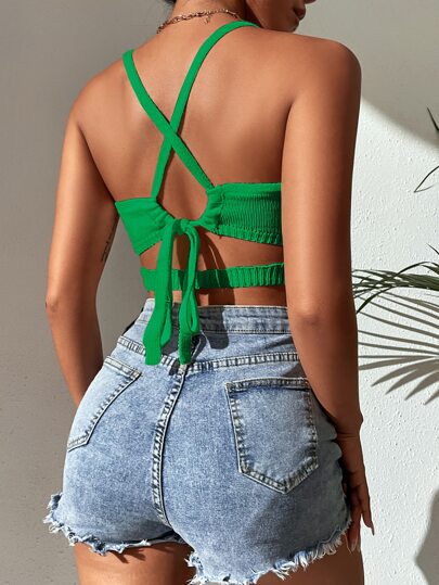 lace up backless space dye knit top