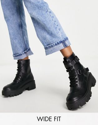 Glamorous Wide Fit lace up flat ankle boots with buckles in black Glamorous Wide Fit