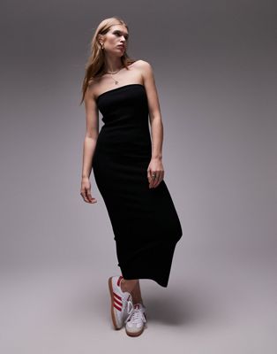 Черное трикотажное платье-бандо с отворотом Topshop TOPSHOP