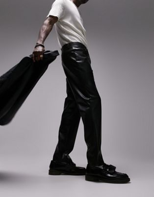 Черные прямые брюки из искусственной кожи Topman TOPMAN