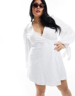 Extro & Vert Plus textured balloon sleeve wrap mini dress in white Extro & Vert