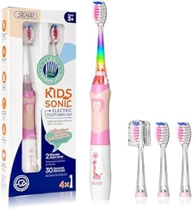 SEAGO Kids Electric Toothbrush with 2 Mins Brushing Timer and 4 Replacement Bursh Heads, Rainbow LED Light Make Brushing Fun, Blue Color Boys Battery Powerd Toothbrush for 4-12 Years Old SEAGO