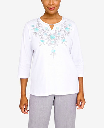 Petite Lady Like Floral Split Neck Top Alfred Dunner