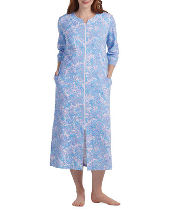 Women's Long Sleeve Long Knit Zip-Up Printed Robe Miss Elaine