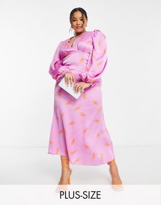 Never Fully Dressed Plus exclusive balloon sleeve maxi dress in orange lobster print Never Fully Dressed Plus