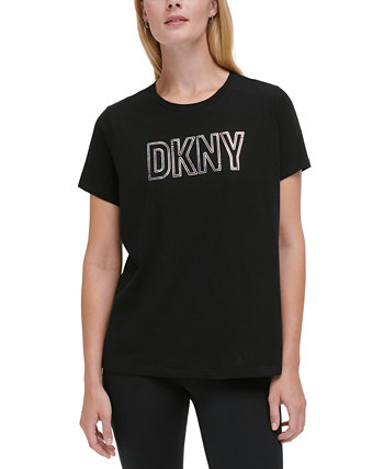 Женская хлопковая футболка с короткими рукавами и голографическим логотипом DKNY