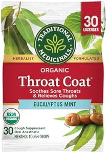 Traditional Medicinals Throat Coat Organic Cough Drops (Капли), Eucalyptus Mint with Menthol, Soothes Sore Throats & Relieves Coughs, 16ct. Traditional Medicinals