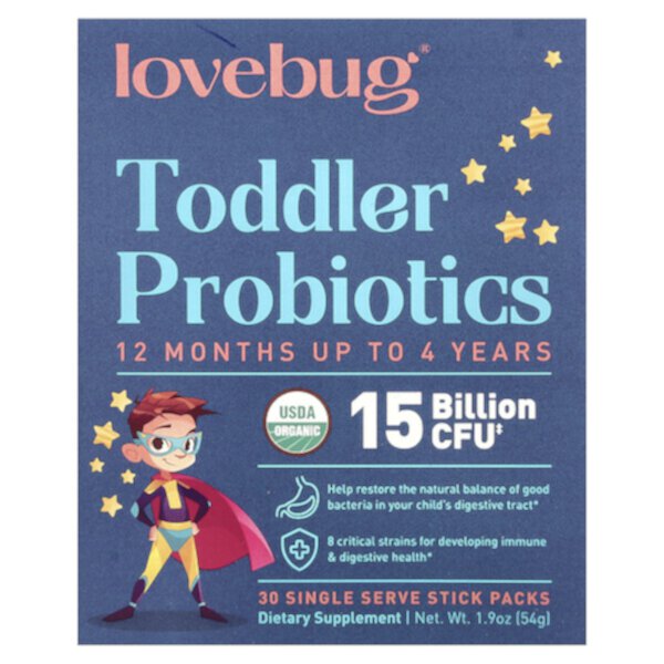 Пробиотики для малышей, от 12 месяцев до 4 лет, 15 миллиардов КОЕ, 30 пакетиков-стиков, по 0,06 унции (1,8 г) каждый LoveBug Probiotics