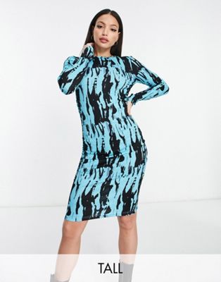 Pieces Tall exclusive body-conscious mini dress in blue & black graphic print Pieces Tall