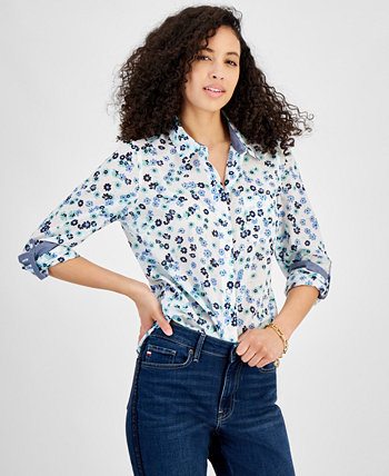 Women's Printed Roll-Tab-Sleeve Button-Front Cotton Shirt Tommy Hilfiger