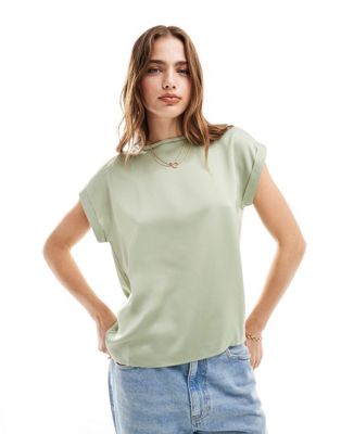 Сатиновая футболка с манжетами спереди Vila шалфейно-зеленого цвета Vila