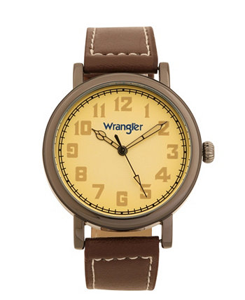 Мужские часы, 50 мм античный серый корпус с бежевым циферблатом, белые арабские цифры, с белыми стрелками, коричневый ремешок с белой строчкой, большая корона Wrangler
