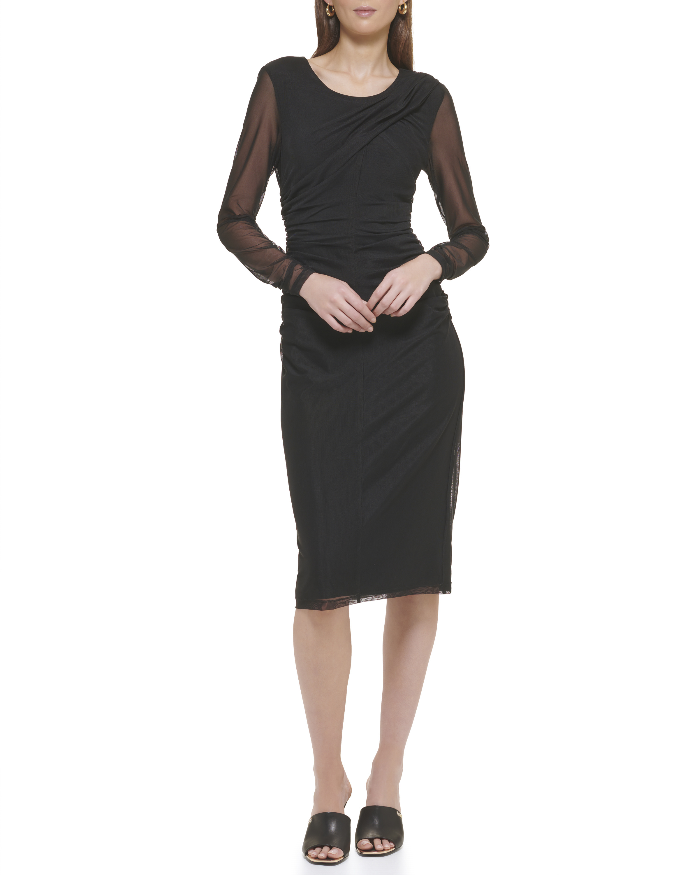 Сетчатое платье-миди с круглым вырезом и рюшами с длинными рукавами DKNY