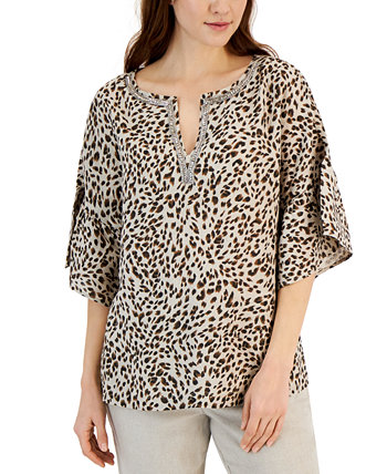 Women's Printed Linen Beaded-Neck Top, Created for Macy's Charter Club