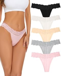 voenxe Seamless Lace Thongs for Women No Show Thong Underwear,Lady Breathable Comfort Panty Soft Laser Cut Undie,Tanga,5-Pack Voenxe