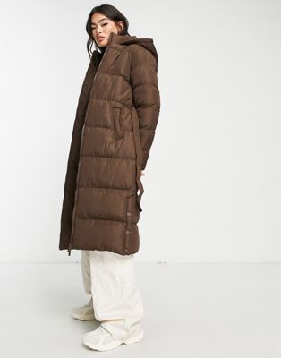 Threadbare Addison maxi belted puffer coat in chocolate brown Threadbare
