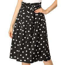 Women's Polka Dots Belted Elastic Waist Vintage A-Line Midi Skirt ALLEGRA K