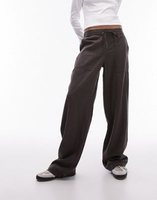 Темно-серые льняные прямые брюки с низкой посадкой и шнурком на талии Topshop TOPSHOP