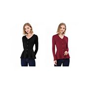 2 Packs Women's V Neck Long Sleeve Ribbed Pullover Knitted Peplum Tops Allegra K