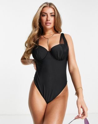 Wolf & Whistle Fuller Bust Exclusive underwire swimsuit with mesh strapping detail in black Wolf & Whistle