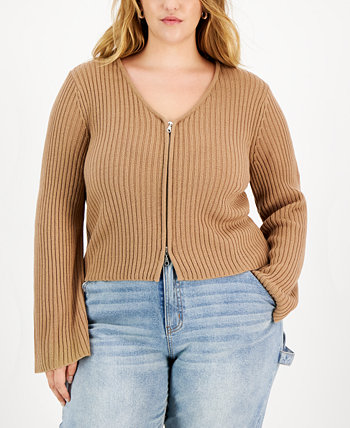 Trendy Plus Size V-Neck Zip-Up Sweater FULL CIRCLE TRENDS