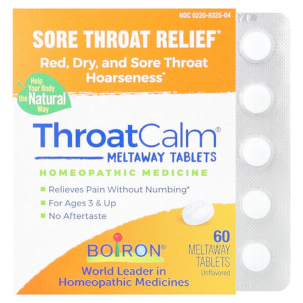 ThroatCalm, Средство от боли в горле, для детей от 3 лет и старше, без вкуса, 60 таблеток Meltaway Boiron