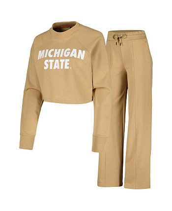 Женский комплект из укороченного свитшота и спортивных штанов коричневого цвета Michigan State Spartans реглан Kadyluxe