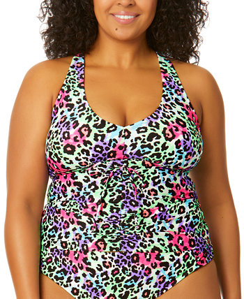 Trendy Plus Size Leopard Love Cinch-Front X-Back Tankini Top, Created for Macy's Salt