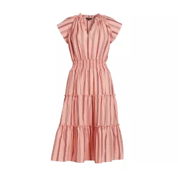 Amellia Striped Linen-Blend Midi-Dress Rails