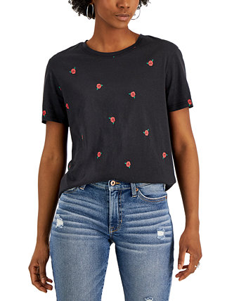 Juniors' Cotton Rose-Print T-Shirt Rebellious One