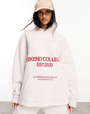 ASOS WEEKEND COLLECTIVE oversized hoodie with stacked red logo in oatmeal ASOS Weekend Collective