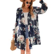 Women's Puff Sleeve Open Front Cardigan Leopard Floral Print Beach Cover Ups Chiffon Blouse MISSKY